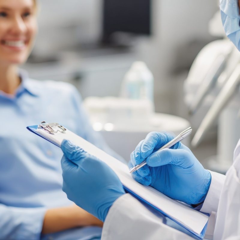 medicine dentistry and healthcare concept  male dentist with clipboard talking to female patient and discussing teeth treatment at dental clinic office no logos no brands ar 169